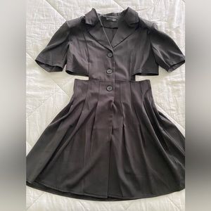 Black Open Waist Mini Dress Pleated Skirt Button Down M